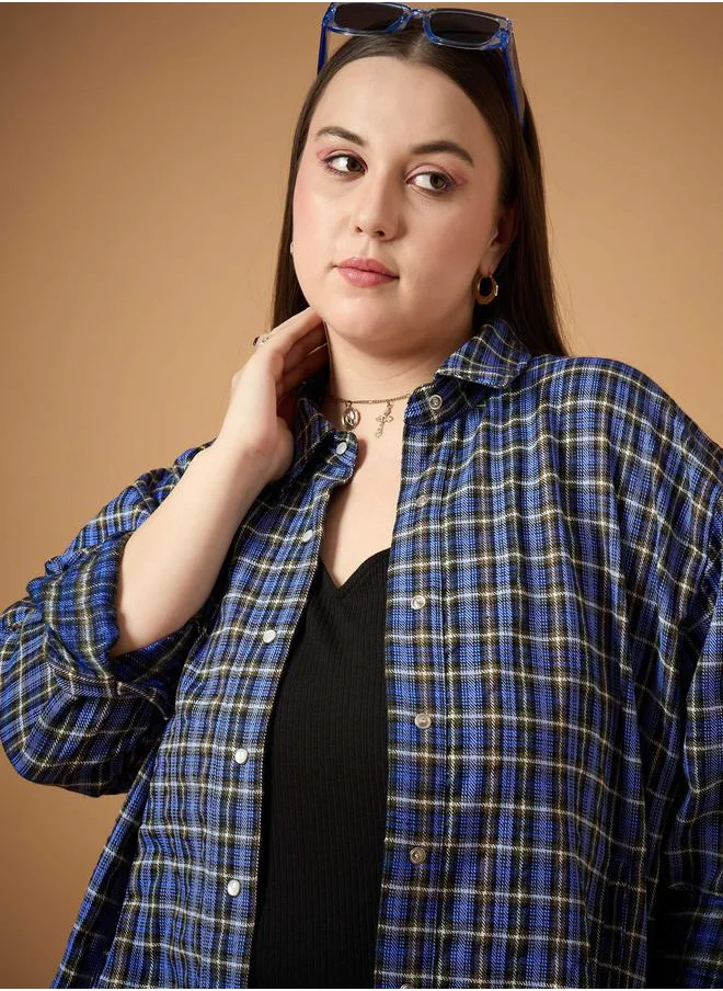 SASSAFRAS Plus Size Flannel Checked Regular Fit Buttoned Shacket by Styli