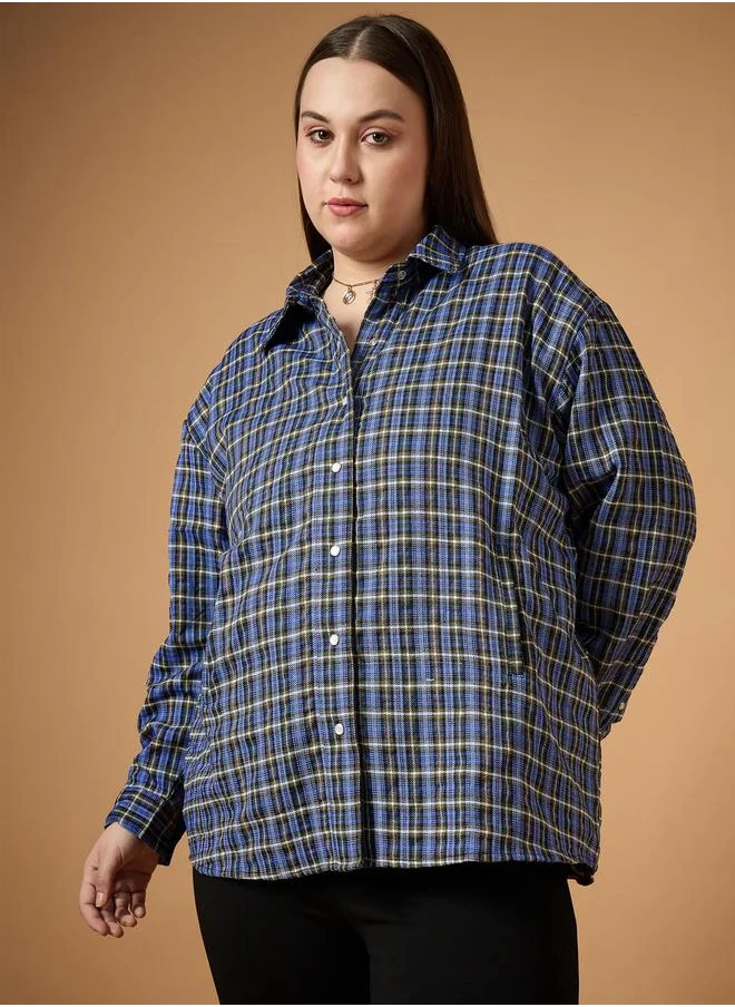 SASSAFRAS Plus Size Flannel Checked Regular Fit Buttoned Shacket