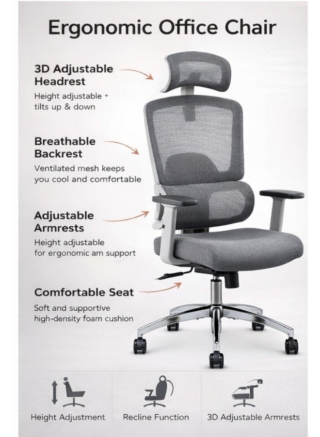 FURALUX Ergonomic Mesh Office Chair with Adjustable Headrest & Lumbar Support, 2D Adjustable Armrests, Breathable High Back Computer Desk Chair with Recline Function, Height Adjustment & Heavy-Duty Metal Base – Grey - Image 3