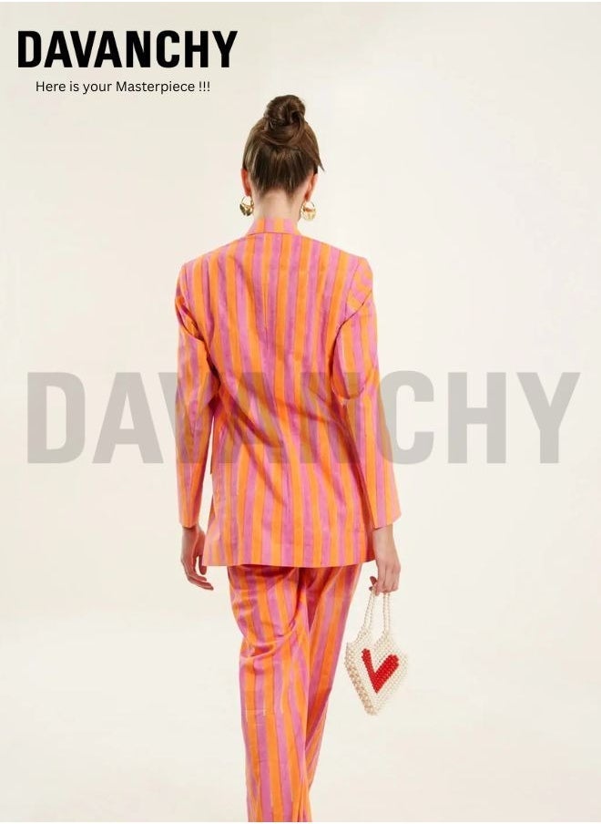 DAVANCHY Women Orange Pink Lining Print Cotton Co-Ord Set Casual Night Party And Beach Party Wear Stylish Double Breasted Suit For Women  - Image 3