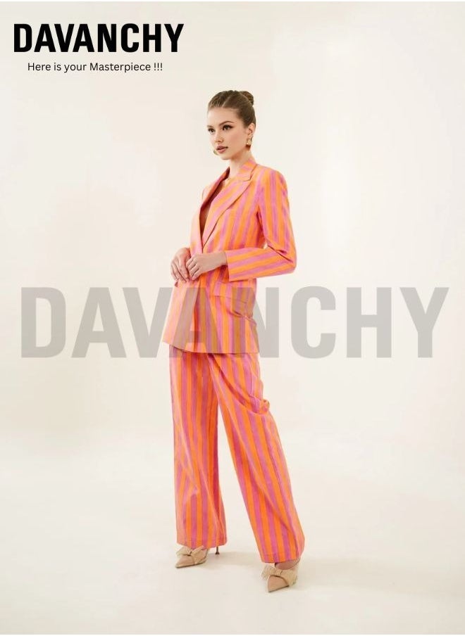 DAVANCHY Women Orange Pink Lining Print Cotton Co-Ord Set Casual Night Party And Beach Party Wear Stylish Double Breasted Suit For Women  - Image 5