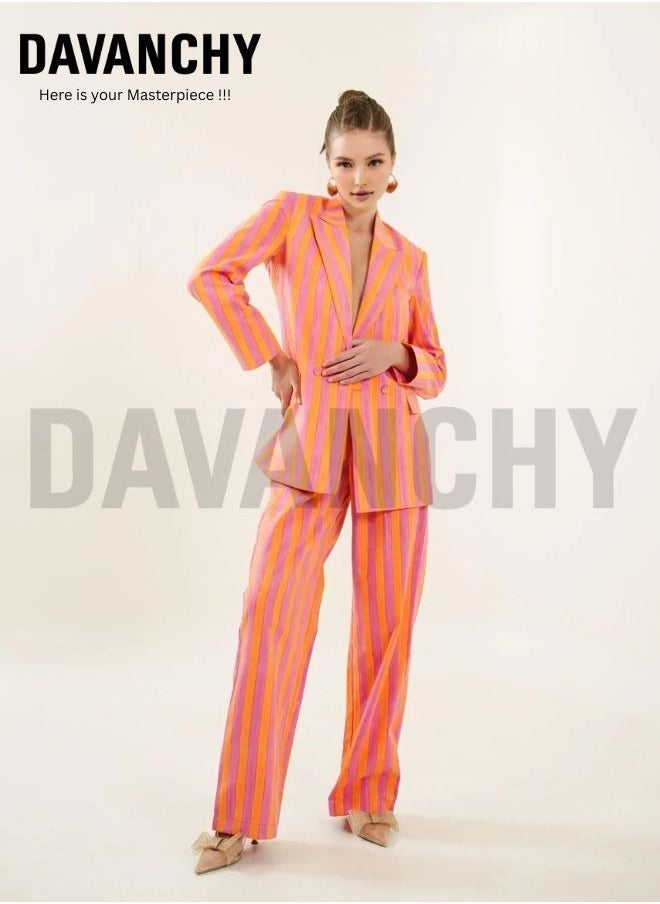 DAVANCHY Women Orange Pink Lining Print Cotton Co-Ord Set Casual Night Party And Beach Party Wear Stylish Double Breasted Suit For Women  - Image 4