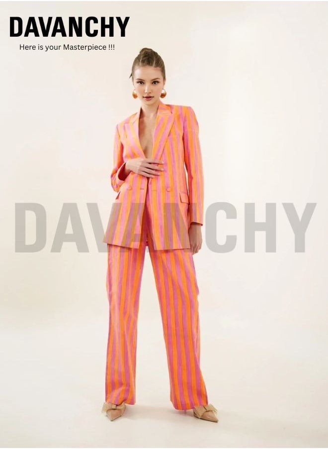 DAVANCHY Women Orange Pink Lining Print Cotton Co-Ord Set Casual Night Party And Beach Party Wear Stylish Double Breasted Suit For Women  - Image 1