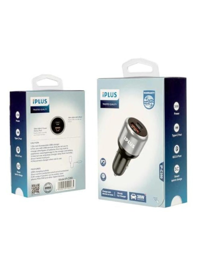 آي بلس شاحن سيارة iPLUS ثنائي المنافذ USB بقدرة 38 واط بتقنية PD+QC | شاحن جوال عالي السرعة لجميع الأجهزة – الموديل iP-C350 - Image 2