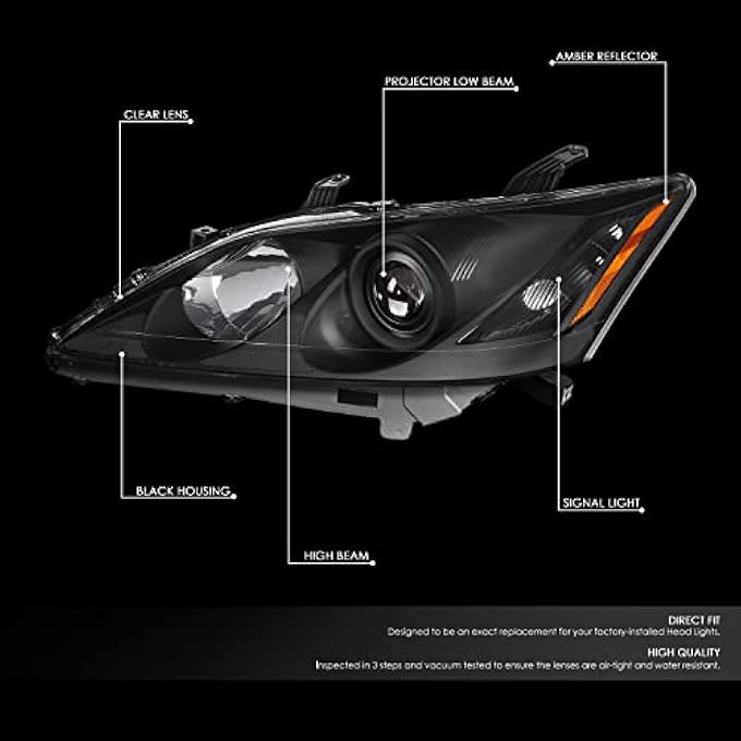 DNA MOTORING زوج من المصابيح الأمامية HlOhLes07BkAm، شعاع منخفض، متوافق مع 0709 لكزس Es350، هيكل أسود، عدسة شفافة، عاكس كهرماني - Image 2