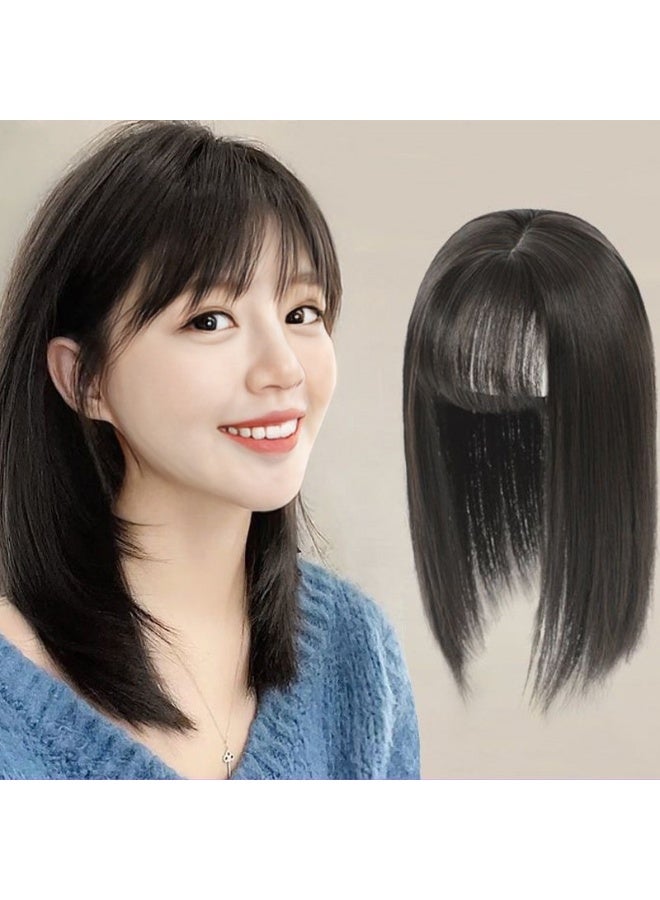 Generic French style air bangs wig female summer cover sparse white hair top hair replacement seamless invisible artificial hair wig Natural Black 