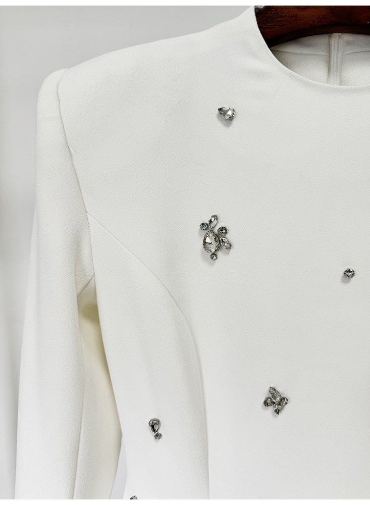 Loquat White Long Sleeve Dress with Heavy Beading and Rhinestone Embellishments - Long Gown - Image 2
