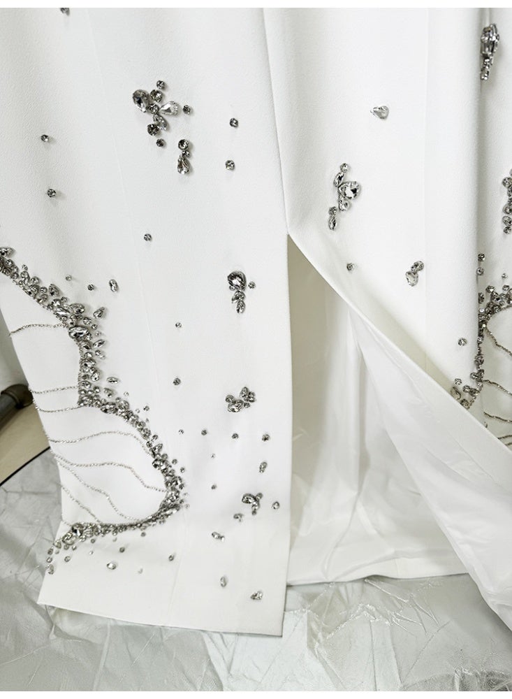 Loquat White Long Sleeve Dress with Heavy Beading and Rhinestone Embellishments - Long Gown - Image 4