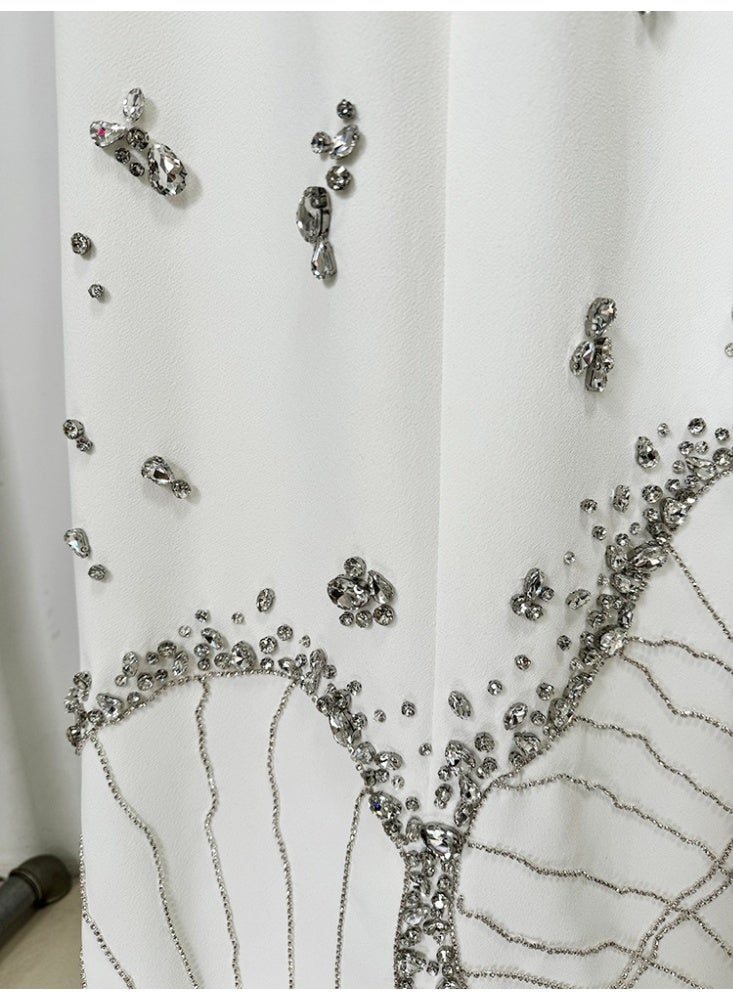 Loquat White Long Sleeve Dress with Heavy Beading and Rhinestone Embellishments - Long Gown - Image 5