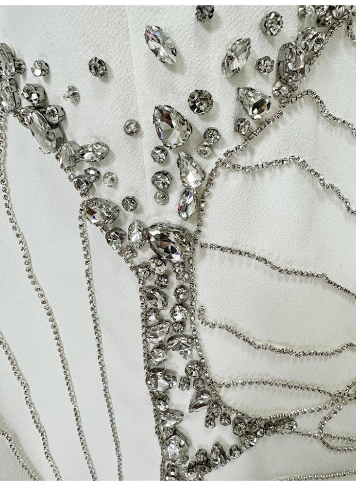 Loquat White Long Sleeve Dress with Heavy Beading and Rhinestone Embellishments - Long Gown - Image 3
