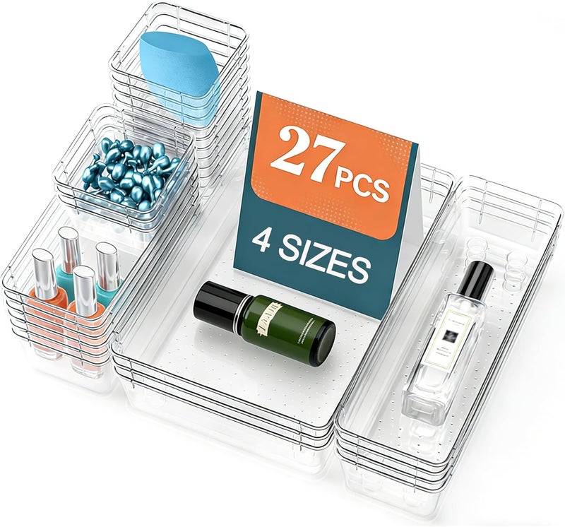 Pioleackflew 27 Pack Clear Plastic Drawer Organizer Set - 4 Sizes Makeup Vanity Organizer Chest of Drawers Storage Stackable Organizers Bins Divider Box for kitchens, Bedrooms, Bathrooms, Offices, Junk, Gadgets - Image 1