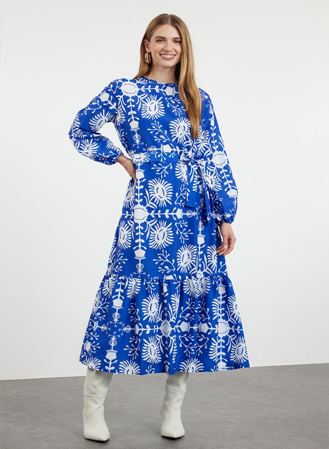 trendyol Navy Blue Belted Floral Woven Dress TCTAW24EB00113  - Image 2