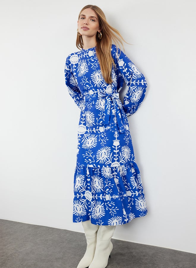 trendyol Navy Blue Belted Floral Woven Dress TCTAW24EB00113  - Image 1