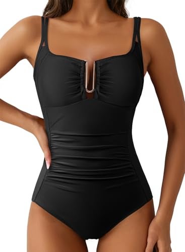 Aleumdr Women's U-Wired Tummy Control One Piece Swimsuit 2026 Vintage Bathing Suits Ruched Swimwear Black Large - Image 1