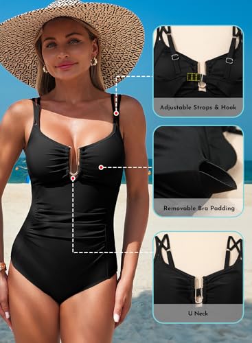 Aleumdr Women's U-Wired Tummy Control One Piece Swimsuit 2026 Vintage Bathing Suits Ruched Swimwear Black Large - Image 5