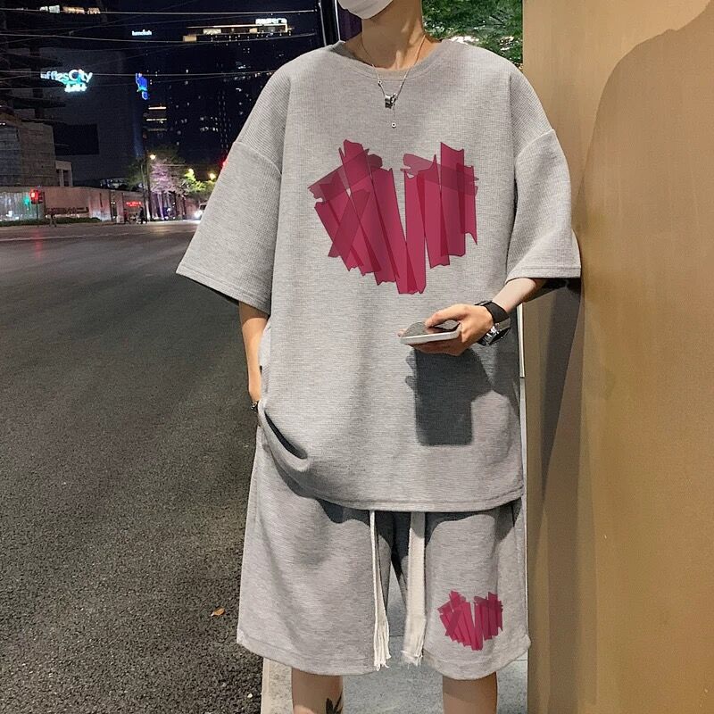 Short-sleeved T-shirt Mens Summer suit Trendy Brand Ins Loose Sports Shorts Set with Sports Basketball Two-piece Set Grey - Image 1