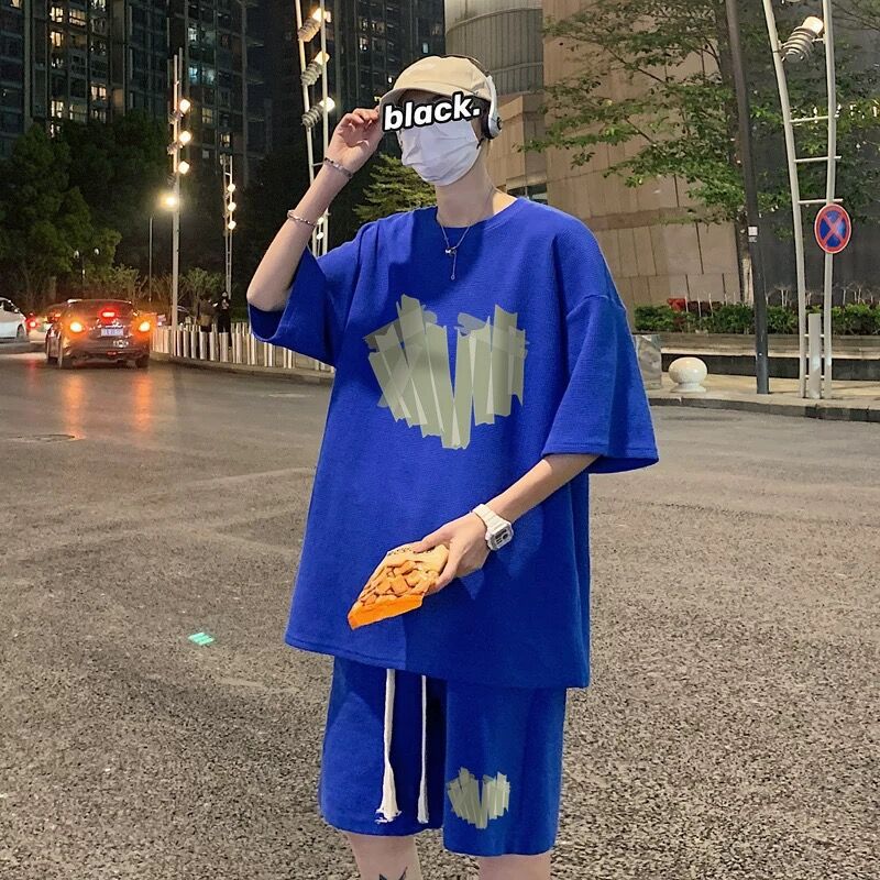 Short-sleeved T-shirt Mens Summer suit Trendy Brand Ins Loose Sports Shorts Set with Sports Basketball Two-piece Set Grey - Image 2