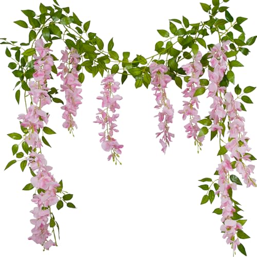 GhuaH 2 Pcs Wisteria Garland Artificial Flowers Wisteria Hanging Flowers Garland Pink 12 Ft Fake Silk Hanging Flower Vines Greenery for Wedding Arch Party Baby Shower Outdoor Indoor Ceremony - Image 1