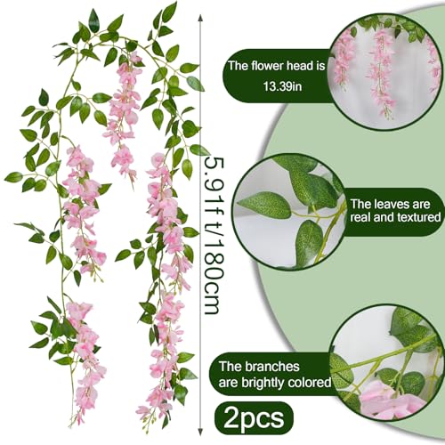 GhuaH 2 Pcs Wisteria Garland Artificial Flowers Wisteria Hanging Flowers Garland Pink 12 Ft Fake Silk Hanging Flower Vines Greenery for Wedding Arch Party Baby Shower Outdoor Indoor Ceremony - Image 2