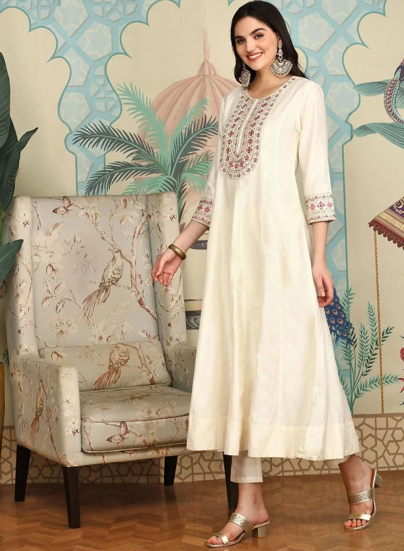 ISHIN  Women's Off White Polyester Blend Embellished Tunic Full Length Casual Straight Fit Kurta Set for Women | Best Price UAE