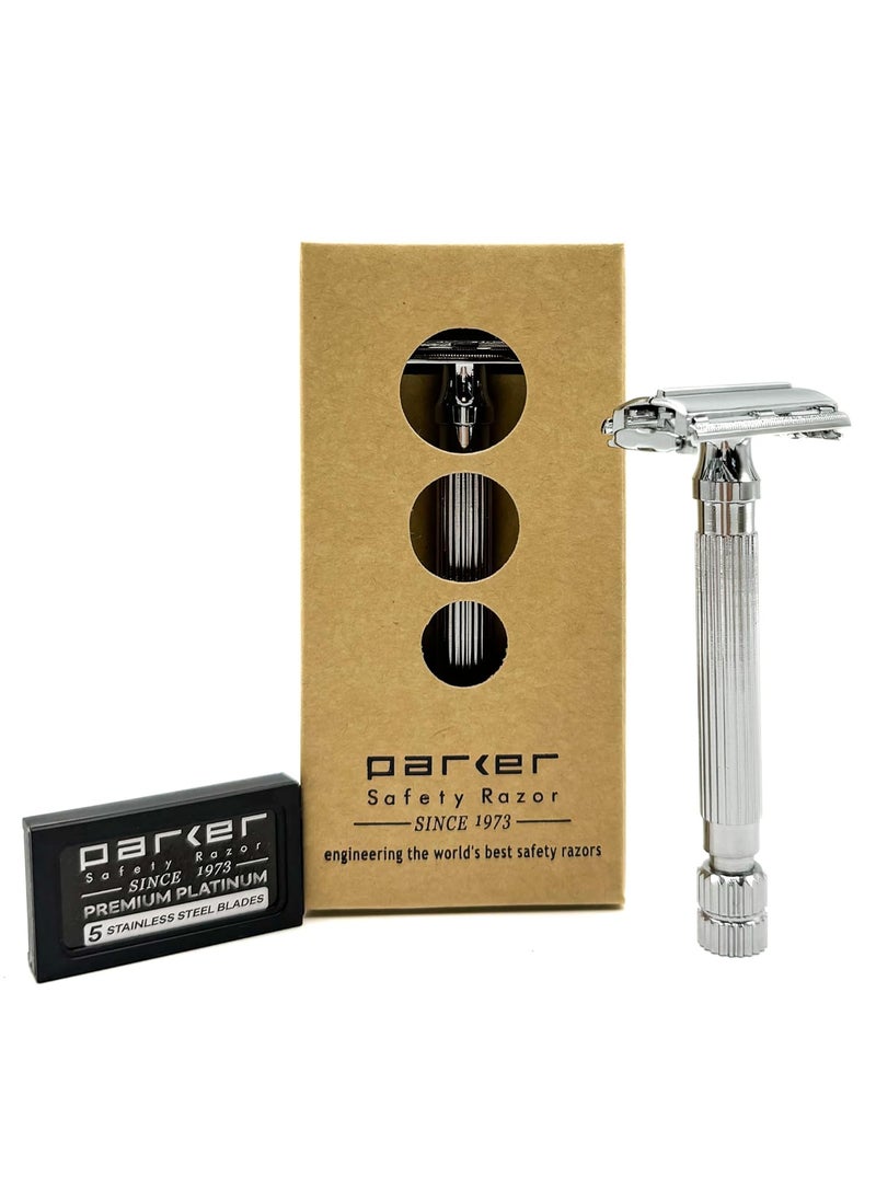Parker Safety Razor Parker Butterfly Open Double Edge Safety Razor for Men 5 Parker Premium Platinum Double Edge Razor Blades Included 82R Chrome 