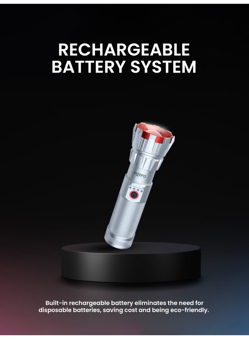 أوجيرا كشاف LED قابل لإعادة الشحن | كشاف تكتيكي عالي السطوع | بطارية D طويلة العمر | متين ومقاوم للماء | كشاف طوارئ صغير | مثالي للتخييم والمشي والاستخدام المنزلي | ضمان سنتين | OG1000SL | فضي - Image 3