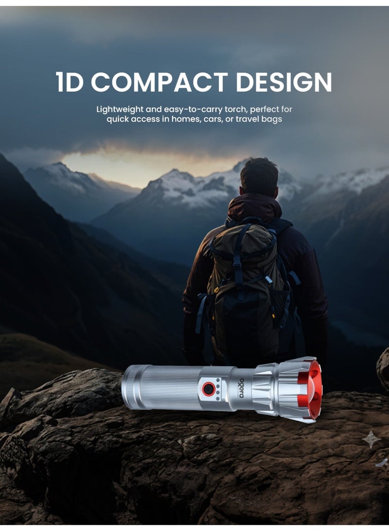 أوجيرا كشاف LED قابل لإعادة الشحن | كشاف تكتيكي عالي السطوع | بطارية D طويلة العمر | متين ومقاوم للماء | كشاف طوارئ صغير | مثالي للتخييم والمشي والاستخدام المنزلي | ضمان سنتين | OG1000SL | فضي - Image 4