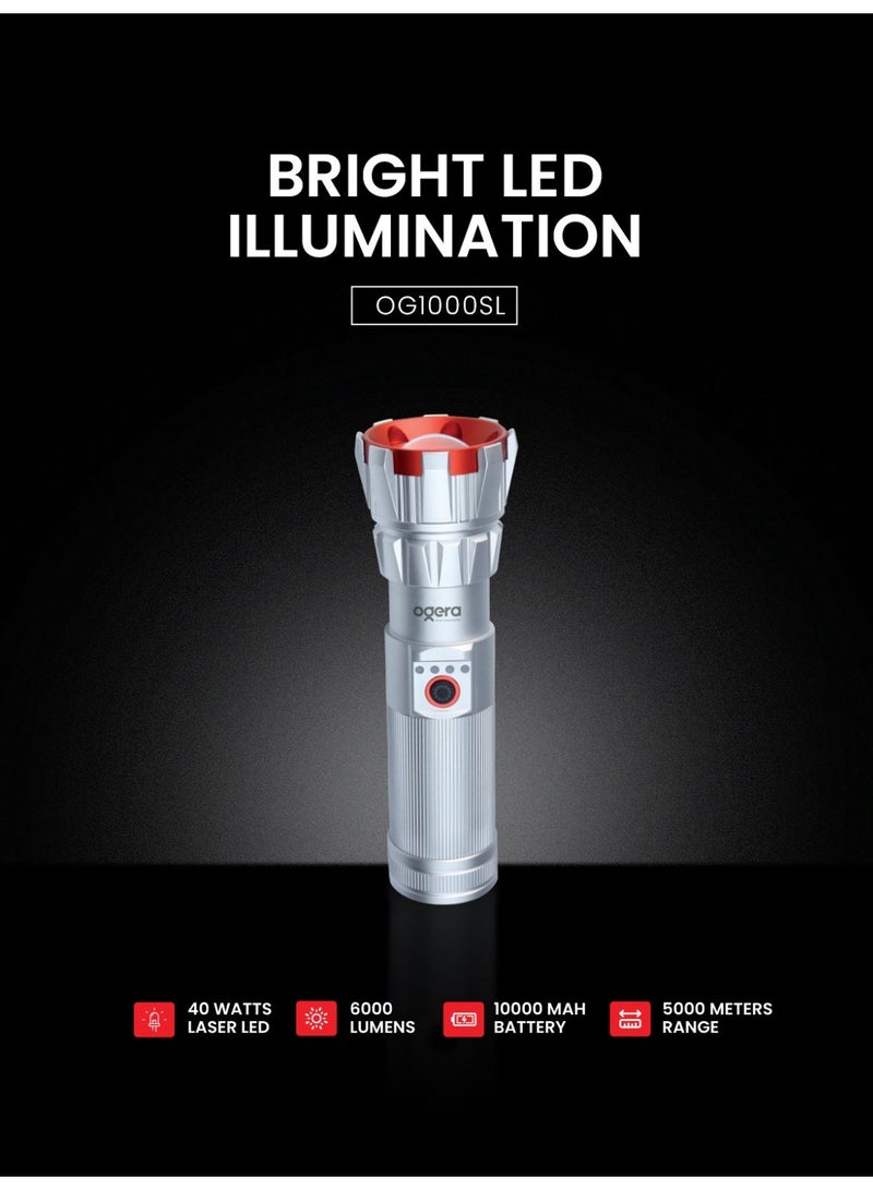 أوجيرا كشاف LED قابل لإعادة الشحن | كشاف تكتيكي عالي السطوع | بطارية D طويلة العمر | متين ومقاوم للماء | كشاف طوارئ صغير | مثالي للتخييم والمشي والاستخدام المنزلي | ضمان سنتين | OG1000SL | فضي - Image 2