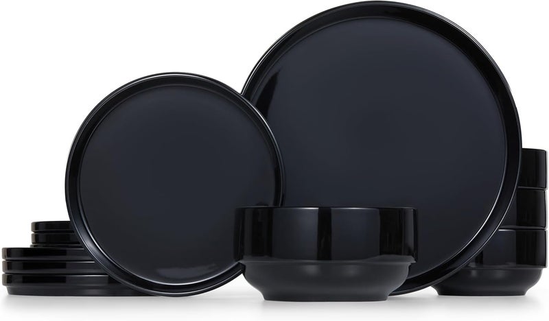 Kook Ceramic Dinnerware Set 12Piece Service for 4 Soup Bowls 315 oz Salad Plates 75 Dinner Plates 105 Round Microwave and Dishwasher Safe Black Cambridge Classics - Image 1