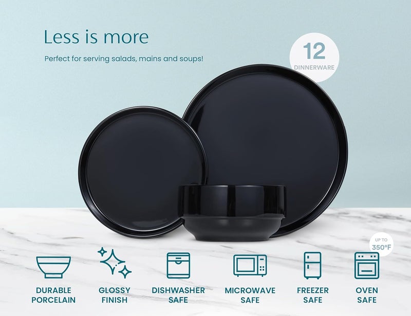 Kook Ceramic Dinnerware Set 12Piece Service for 4 Soup Bowls 315 oz Salad Plates 75 Dinner Plates 105 Round Microwave and Dishwasher Safe Black Cambridge Classics - Image 5