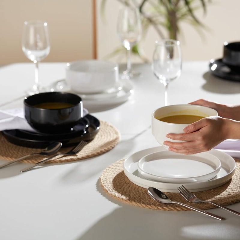 Kook Ceramic Dinnerware Set 12Piece Service for 4 Soup Bowls 315 oz Salad Plates 75 Dinner Plates 105 Round Microwave and Dishwasher Safe Black Cambridge Classics - Image 2