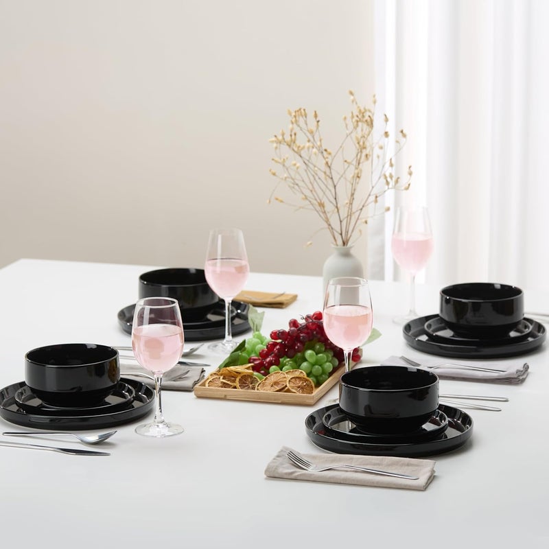 Kook Ceramic Dinnerware Set 12Piece Service for 4 Soup Bowls 315 oz Salad Plates 75 Dinner Plates 105 Round Microwave and Dishwasher Safe Black Cambridge Classics - Image 3