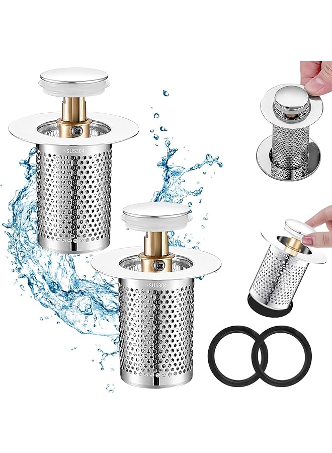 The Bros 2 Pack Bathroom Sink Stopper, Pop Up Bathroom Sink Drain Strainer with Removable Stainless Steel Filter Basket Hair Catcher, Suitable for US 1.3''-1.5'' Drainage Outlet - Image 1