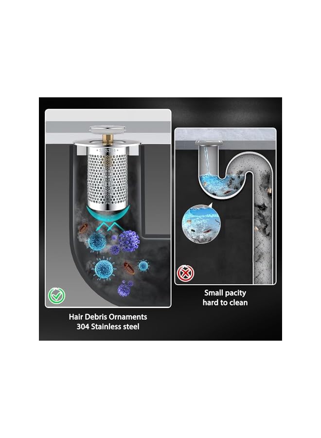 The Bros 2 Pack Bathroom Sink Stopper, Pop Up Bathroom Sink Drain Strainer with Removable Stainless Steel Filter Basket Hair Catcher, Suitable for US 1.3''-1.5'' Drainage Outlet - Image 3