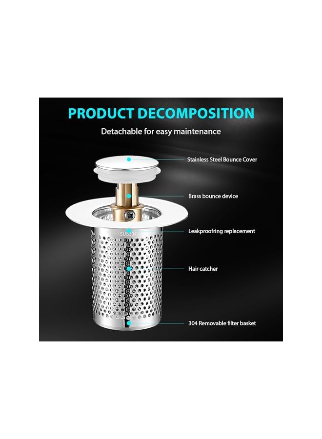 The Bros 2 Pack Bathroom Sink Stopper, Pop Up Bathroom Sink Drain Strainer with Removable Stainless Steel Filter Basket Hair Catcher, Suitable for US 1.3''-1.5'' Drainage Outlet - Image 2