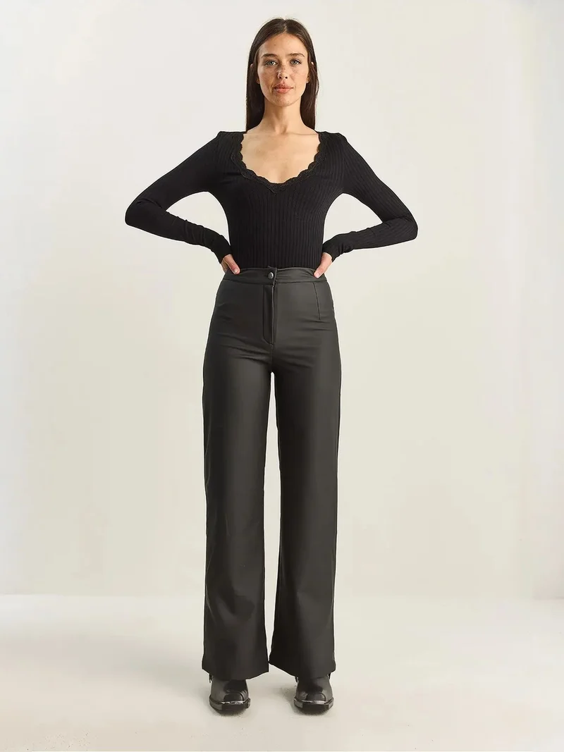 Bianco Lucci LUCCI High Waist Wide Leg Faux Leather Pants
