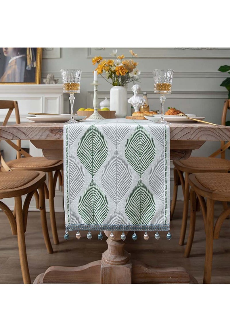 SYOSI - Cotton Linen Table Runner Spring Runners Farmhouse Green Leaves Macrame Coffee Runner With Handmade Tassels For Restaurant Hotel Cafe Home Kitchen Dining Holiday Wedding Party - Image 1