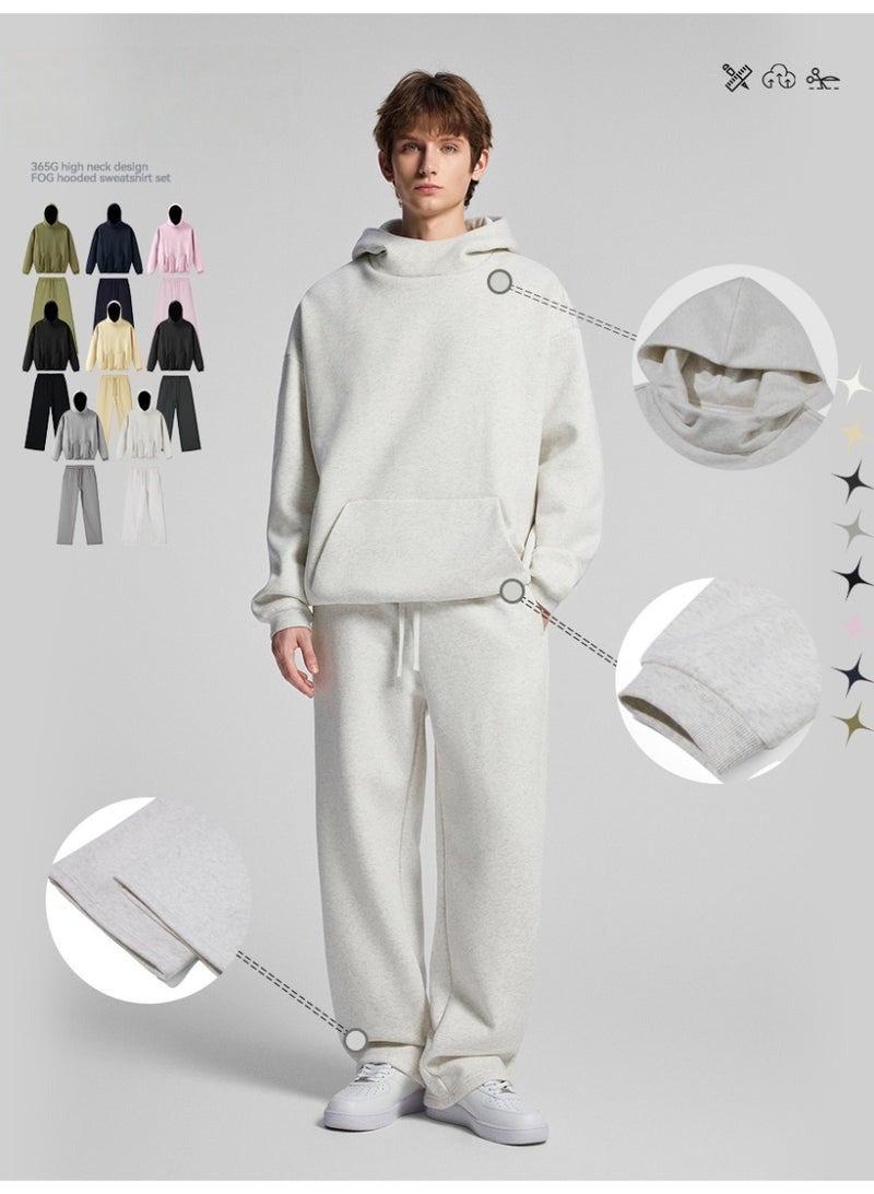 CHAOKEXI American Retro Men's Fleece-Lined Hoodie Set, Autumn/Winter Street Style Loose-fitting Hoodie Two-Piece Set, Sporty Casual High-Neck Warm (Oatmeal Gray) - Image 3