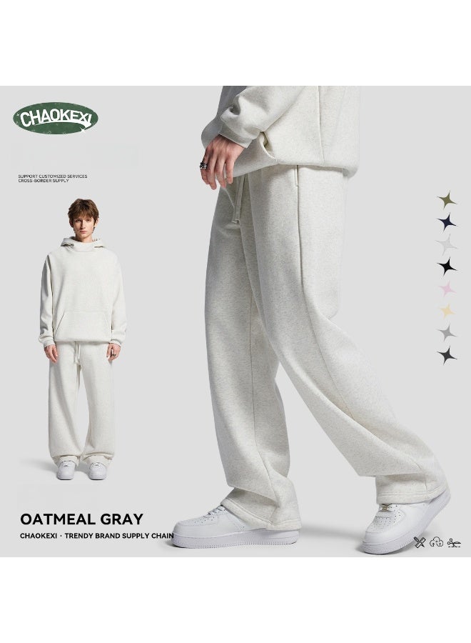 CHAOKEXI American Retro Men's Fleece-Lined Hoodie Set, Autumn/Winter Street Style Loose-fitting Hoodie Two-Piece Set, Sporty Casual High-Neck Warm (Oatmeal Gray) - Image 4