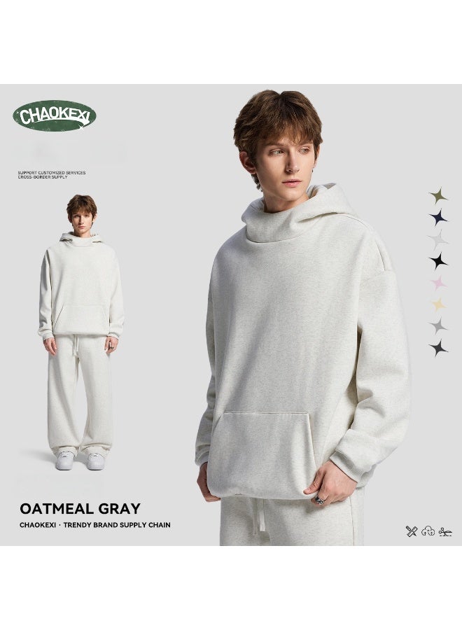 CHAOKEXI American Retro Men's Fleece-Lined Hoodie Set, Autumn/Winter Street Style Loose-fitting Hoodie Two-Piece Set, Sporty Casual High-Neck Warm (Oatmeal Gray) - Image 2