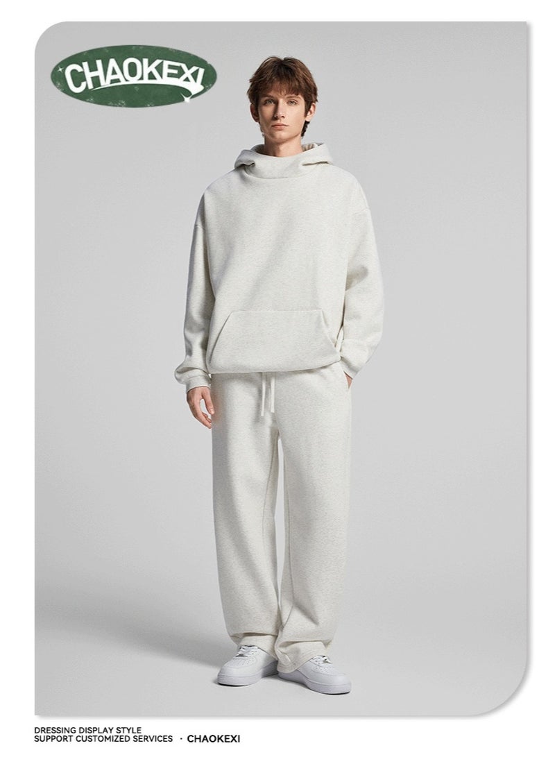 CHAOKEXI American Retro Men's Fleece-Lined Hoodie Set, Autumn/Winter Street Style Loose-fitting Hoodie Two-Piece Set, Sporty Casual High-Neck Warm (Oatmeal Gray) - Image 1