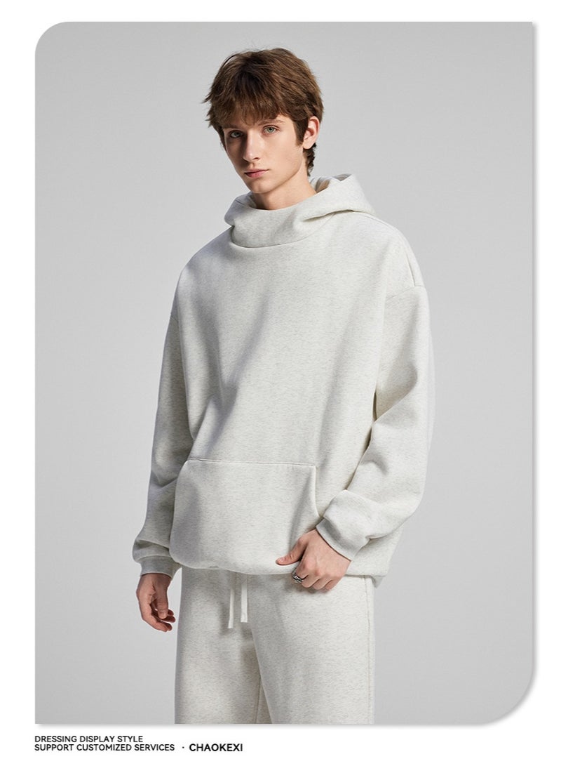 CHAOKEXI American Retro Men's Fleece-Lined Hoodie Set, Autumn/Winter Street Style Loose-fitting Hoodie Two-Piece Set, Sporty Casual High-Neck Warm (Oatmeal Gray) - Image 5
