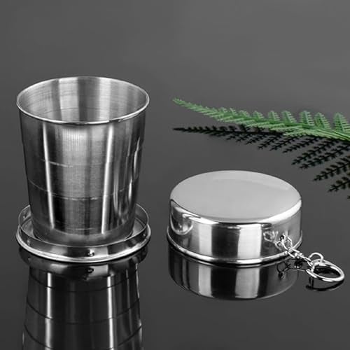 Prostuff.in® Leak Proof Stainless Steel Foldable 75 Ml Glass with Key Chain for Camping Hiking Drinking Travel Collapsible Cup Expandable Shot Glass Foldable Picnic Glass Silver Color 1 Pcs - Image 1