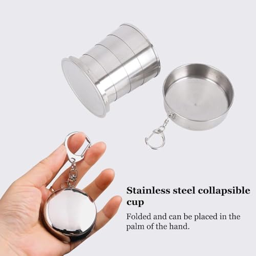 Prostuff.in® Leak Proof Stainless Steel Foldable 75 Ml Glass with Key Chain for Camping Hiking Drinking Travel Collapsible Cup Expandable Shot Glass Foldable Picnic Glass Silver Color 1 Pcs - Image 4