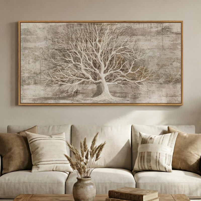 Cuspin Large Framed Tree of Life Wall Art for Living Room, Rustic Farmhouse Abstract Tree Canvas Painting Print Artwork for Walls, Modern Neutral Forest Picture for Bedroom Office Wall Decor, 60x30 In - Image 1