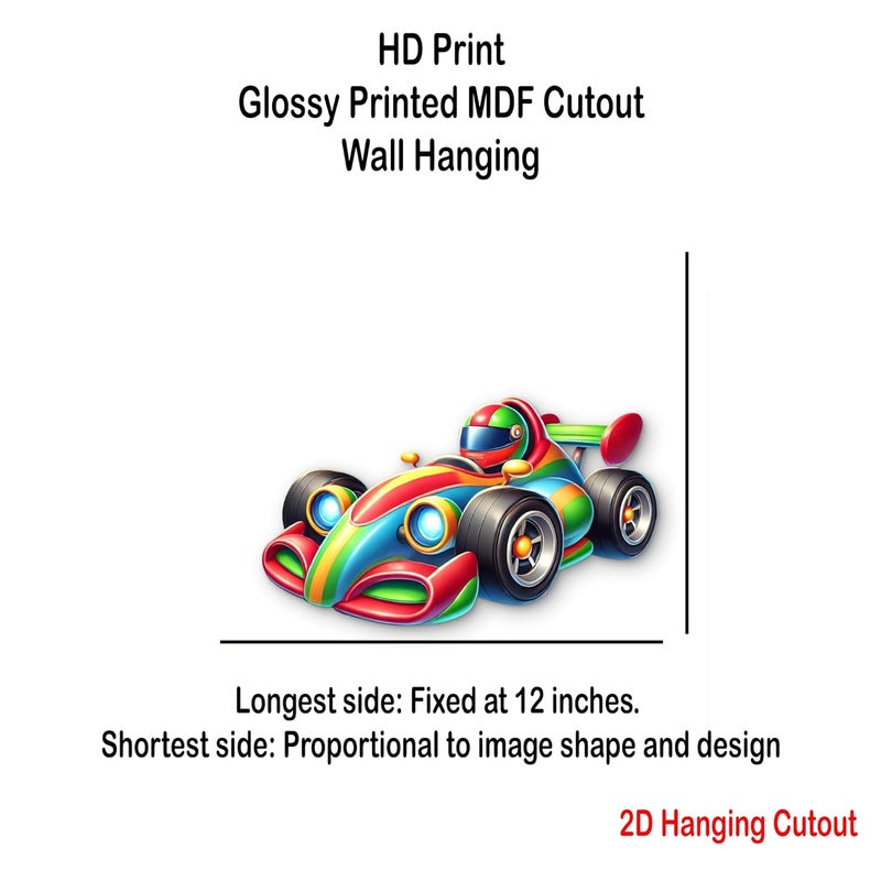 CLITHS 3D Race Car Wall Hanging - 12 Inch Colorful MDF Cutout for Kids Room Decor | 3D Illusion Cartoon Car Toy | Playroom Wall Art | Gift for Boys & Girls - Image 2