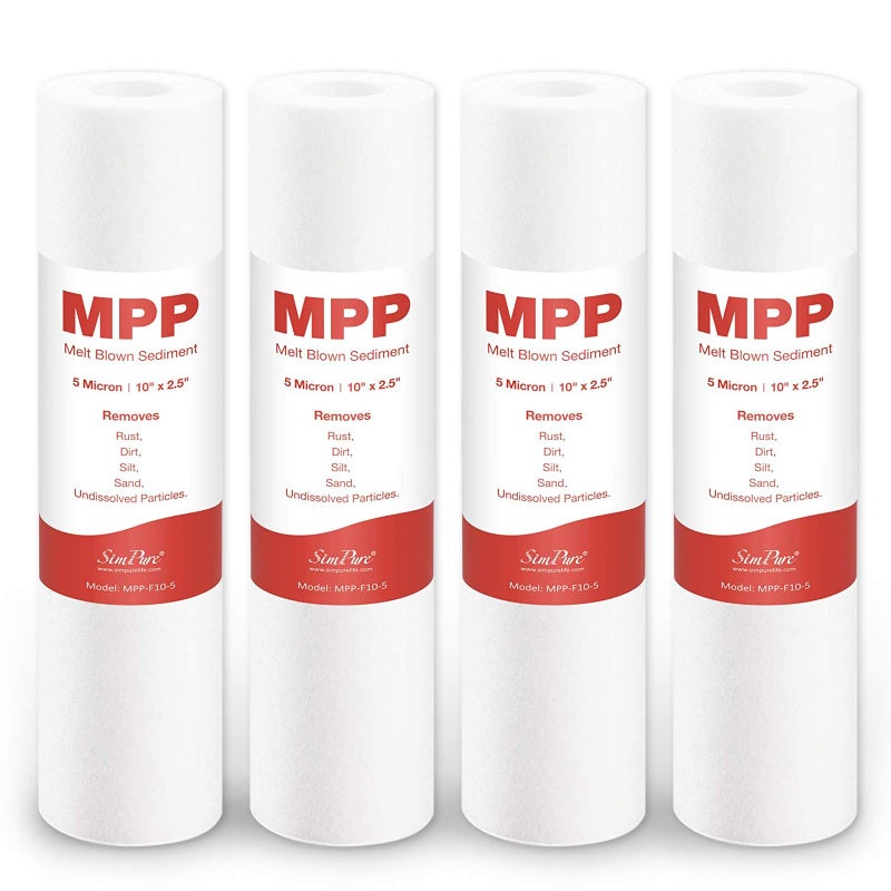 SimPure 5 Micron 10 x 25 Whole House Sediment Water Filter Cartridge Replacement for 10 inch RO Unit Compatible GE FXUSC Culligan P5 AquaPure AP110 WFPFC5002 CFS110 WHKFGD05 Pack of 4