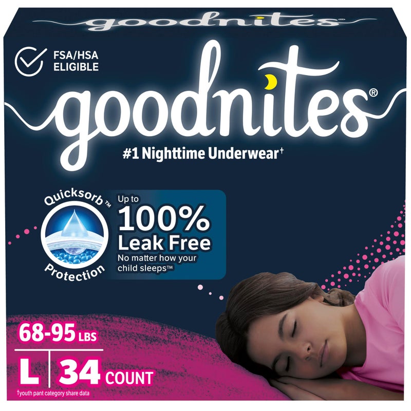 Goodnites Girls' Nighttime Bedwetting Underwear, Size Large (68-95 lbs), 34 Ct (2 Packs of 17), Packaging May Vary - Image 1