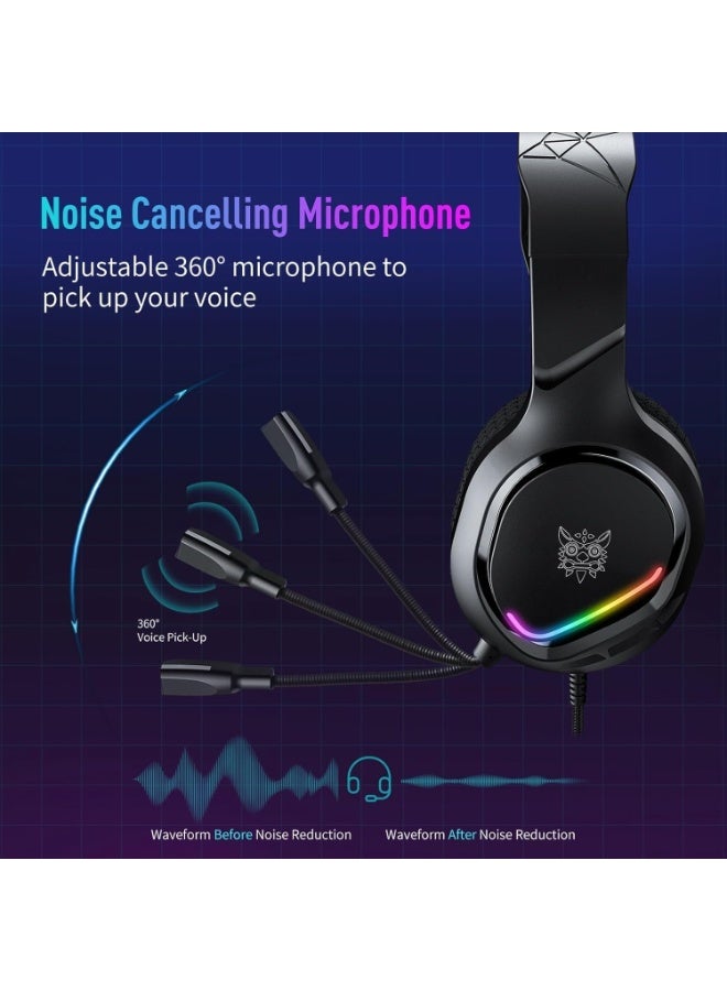onikuma Luminous Gaming Headset PC Headset for PS5, PS4 Pro, PC, Mac, Laptop,Switch, Xbox Series, Wired Over-Ear Gaming Headphones with 3D Surround Sound High Sensitivity Noise Cancelling Microphone 3.5MM Audio Jack - Image 4