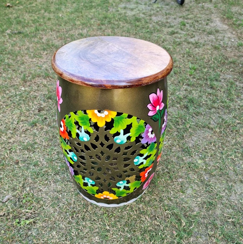 pranjals house pranjals house Beautiful Metal Sitting Stool Wooden Brass Beautiful Side Table/Coffee Table/Corner Table/Outdoor Table/Living Room Furniture Floral Design Home Decor|Office Decoration|Mudda - Image 3